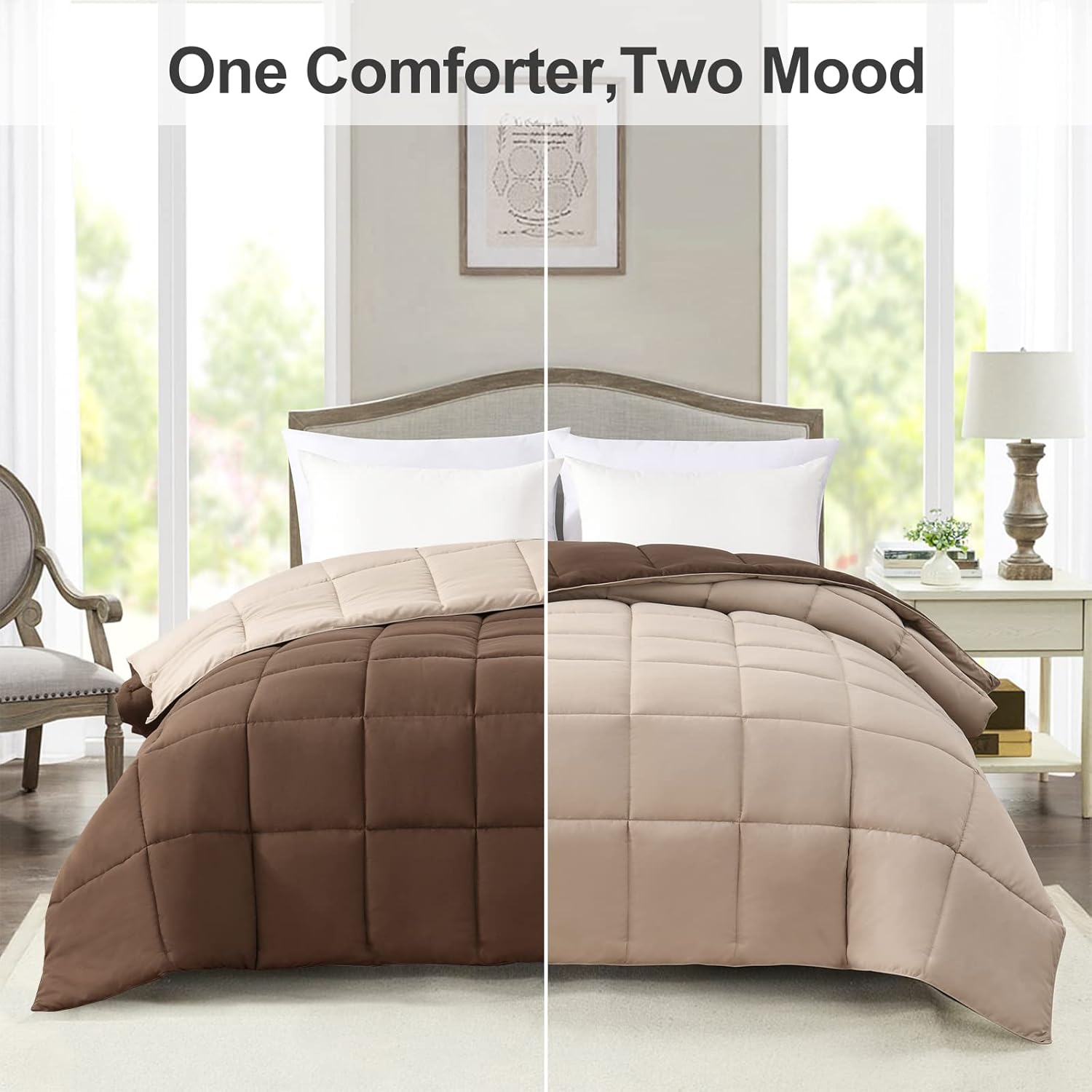 • لحاف دابل فيس بني و بيج مع 2 كيس خدادية - الصورة 2